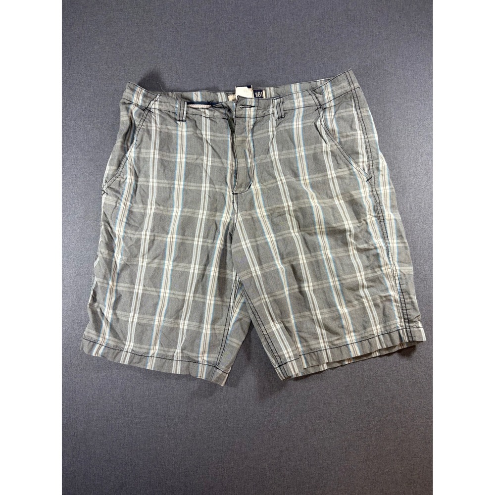Anchor Blue Mens Plaid Flat Front Shorts Grey Blue Size 34 Casual MISSING BUTTON